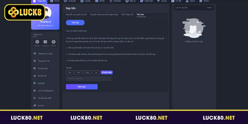 Gửi tiền vào tài khoản Luck8 bằng thẻ cào