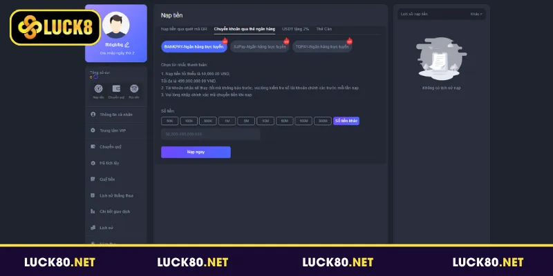 Nạp tiền Luck8 qua hình thức chuyển khoản ngân hàng