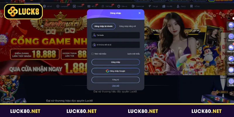 Sử dụng tài khoản cùng mật khẩu để đăng nhập Luck8