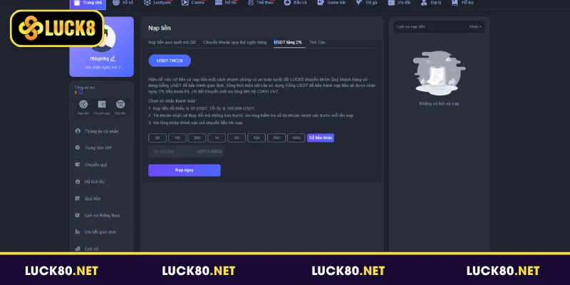 Sử dụng USDT để nạp tiền Luck8